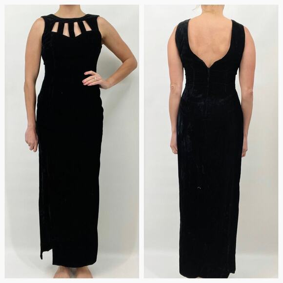 Vintage Jessica McClintock Gunne Sax Crushed Velvet Long Black Gown S/M - Picture 2 of 6